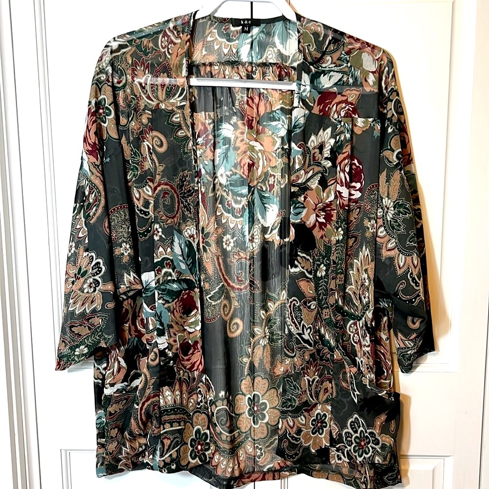 K&C semi sheer, floral print georgette Jacket, 3/4 sleeves, pockets, Women’s M - Picture 1 of 11